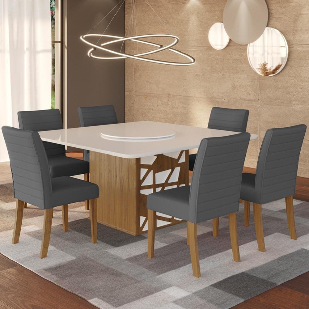 Conjunto de Mesa com 6 Cadeiras Bruna Cinza e Estampa Capitonê