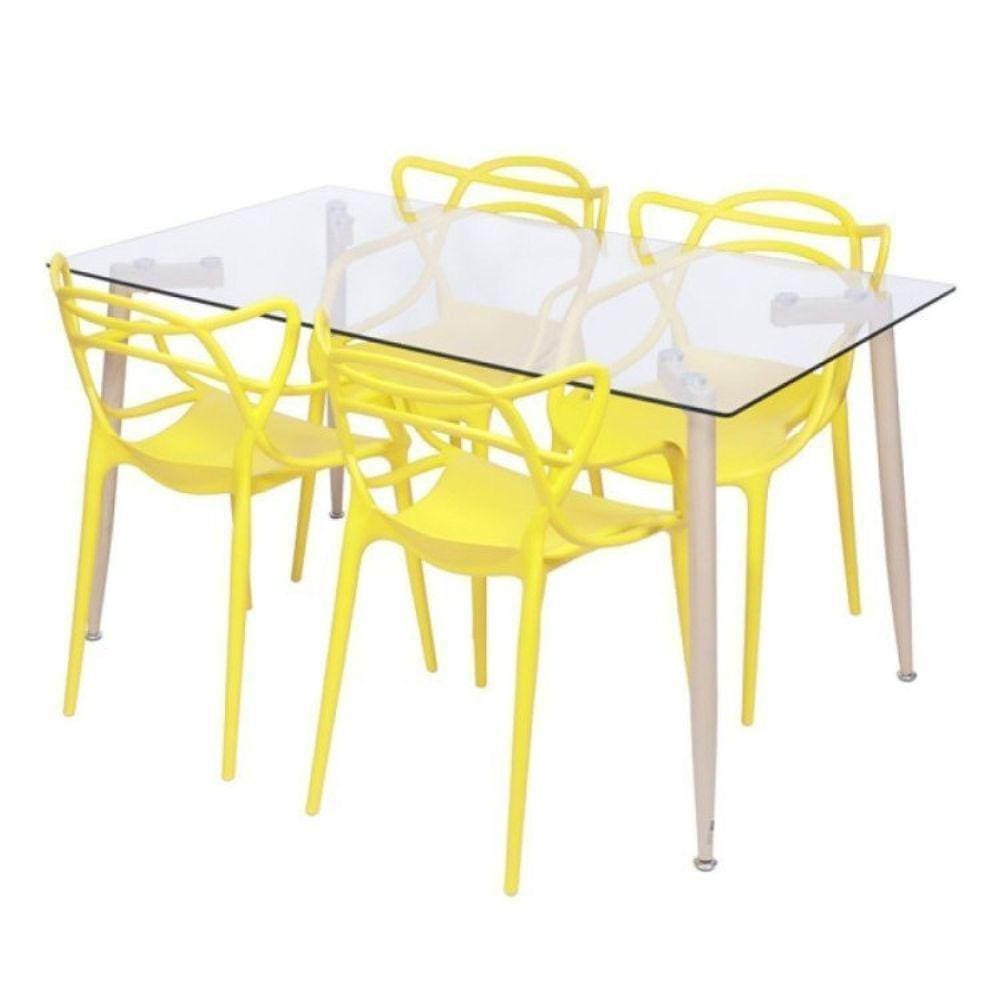 Conjunto de Sala de Jantar Mesa com Tampo de Vidro com 4 Cadeiras Solna Allegra OR Design Amarela