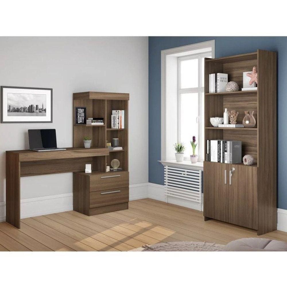 Conjunto Home Office 2 Peças 1 Escrivaninha com Estante 1 Armário 2 Portas Espresso Móveis Nogal Trend