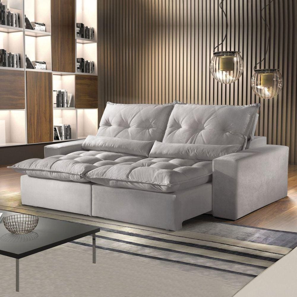 Sofá Retrátil e Reclinável 4 Lugares 250cm Avalon Super Pillow Montano Estofados Veludo Cinza