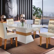 Conjunto Sala de Jantar Mesa Clarice 120x80cm Tampo Vidro/MDF Canto Reto com 4 Cadeiras Valentina Ru Off White/Imbuia Rufato