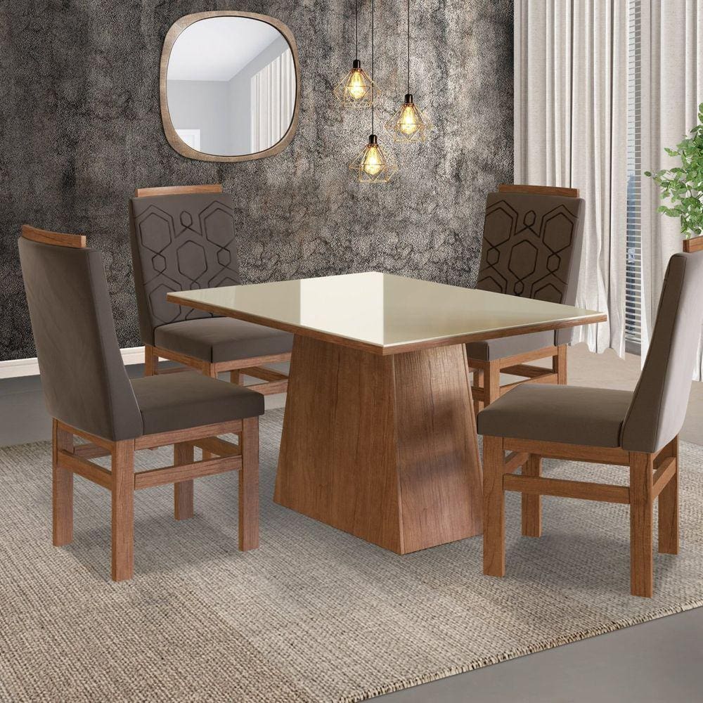 Conjunto Sala de Jantar Mesa 90x120cm Tampo Vidro com 4 Cadeiras Madeira Maciça Tecido Joli Zamarchi Marrom/Off White
