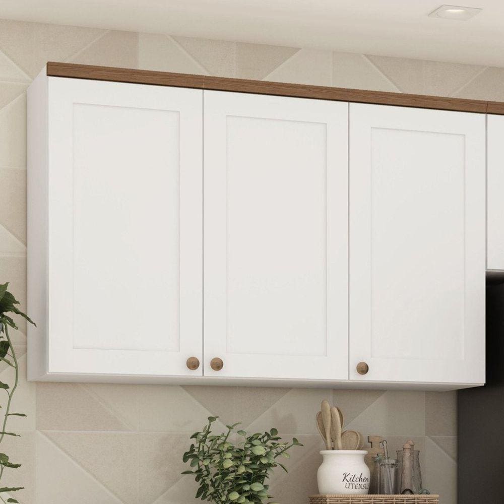Armário Aéreo Para Cozinha 3 Portas Provençais Iluminata Genialflex Branco