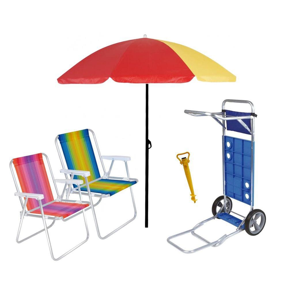 Kit Praia Carrinho Com Avanço + Guarda Sol + 2 Cadeira Alta Aluminio + Saca Areia - Mor