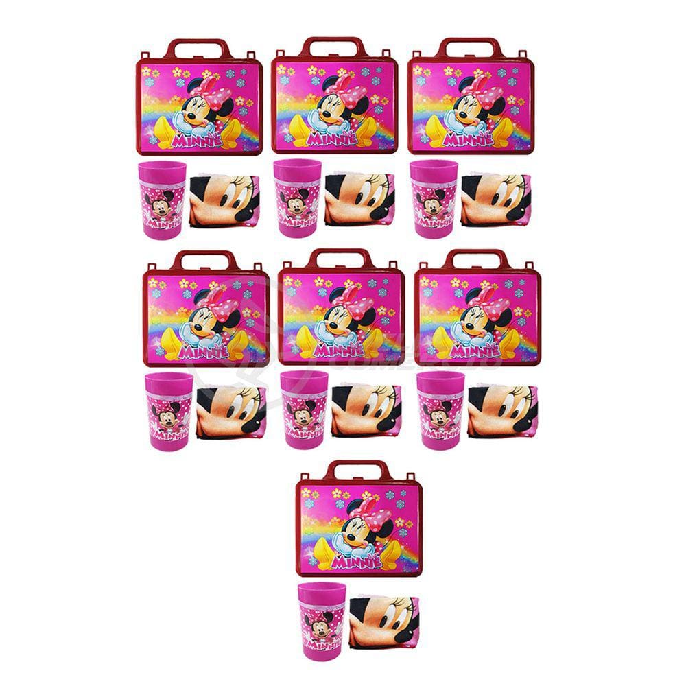 Kit Brinquedo Minnie Mouse Walt Disney Infantil com 7 Lancheira de Maletinha + 7 Copo + 7 Mini Toalha
