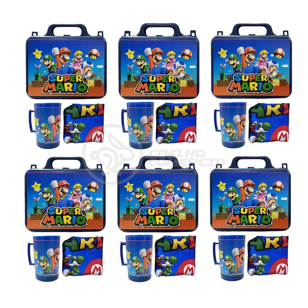 Kit Brinquedo Super Mario World com 6 Lancheira de Maletinha + 6 Copo + 6 Mini Toalha