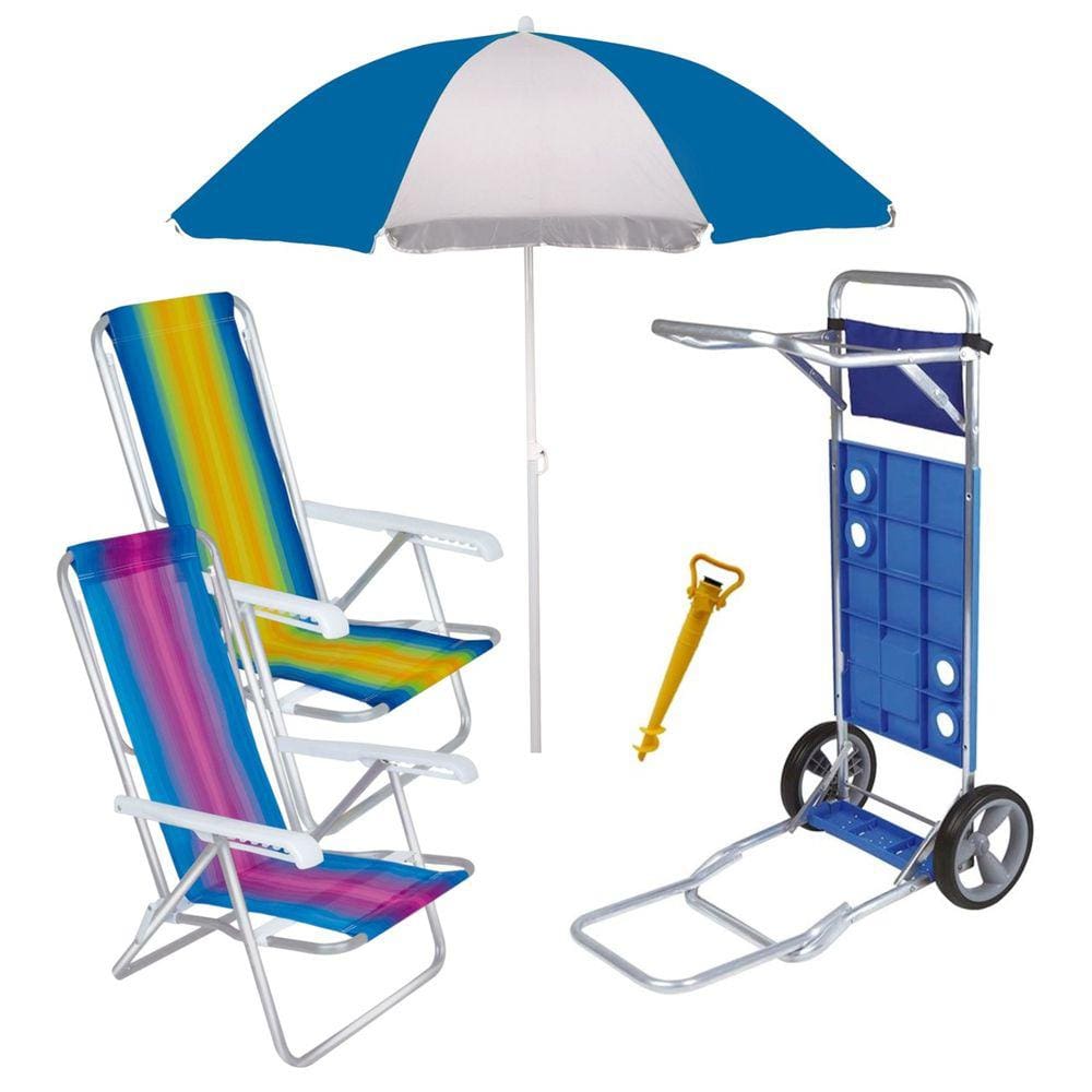 Kit Praia Carrinho Com Avanço + Guarda Sol + 2 Cadeira Reclinável + Saca Areia - Mor