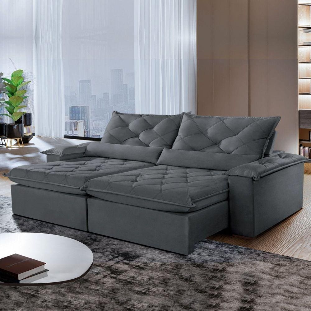 Sofá Retrátil e Reclinável 5 Lugares 280cm Diamond Super Pillow Montano Estofados Veludo Grafite