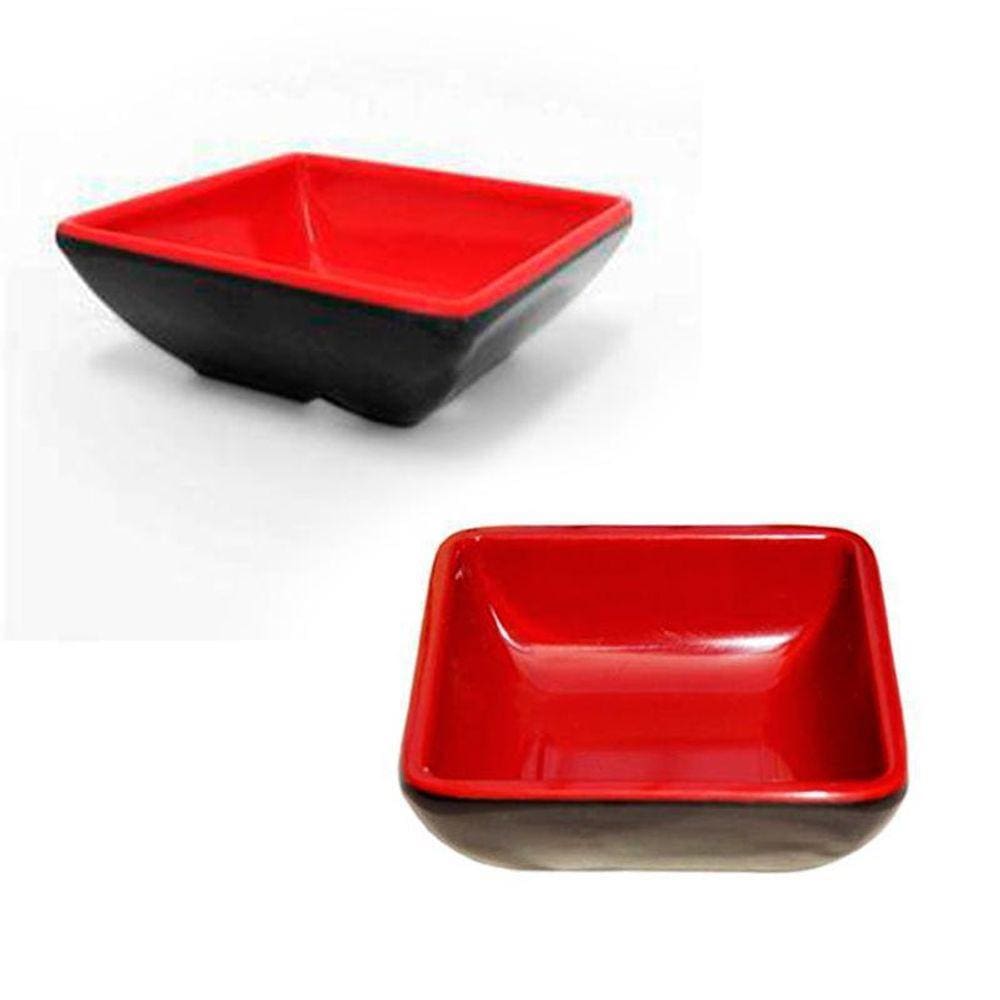 12 Pote Para Molho Shoyu Melamina 7X7X3 Preto E Vermelho