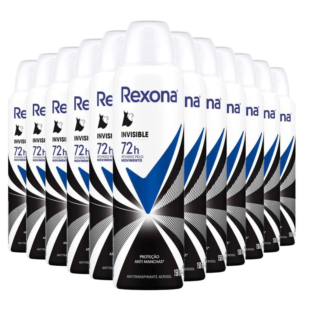 Kit Desodorante Aerosol Rexona Invisible Feminino 150ml - 12 Unidades