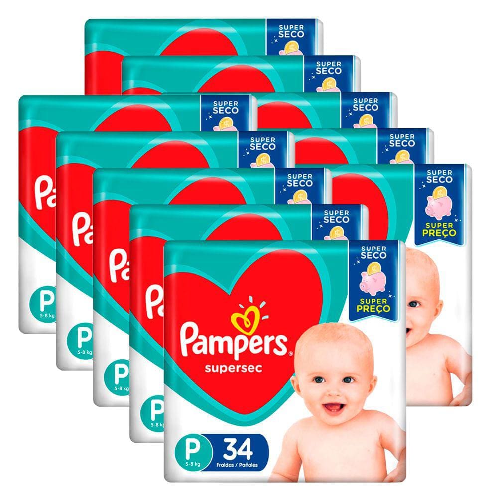 Kit 10 Fraldas Pampers Supersec Pacotão Econômico P - 340 Tiras