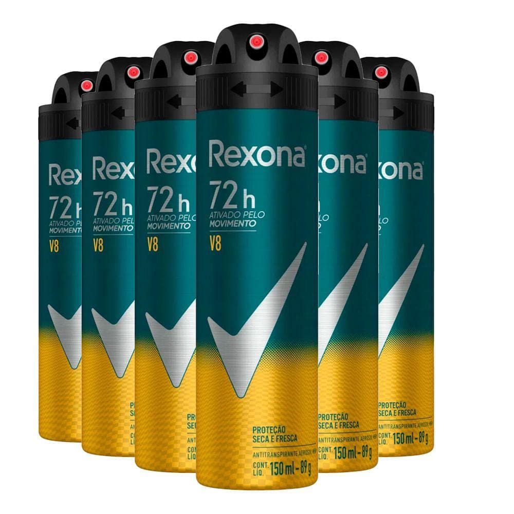 Kit Desodorante Aerosol Rexona V8/Amarelo 150ml - 6 Unidades