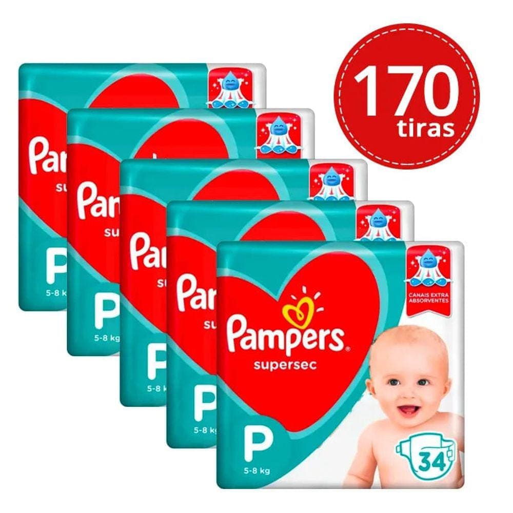 Kit 5 Fraldas Pampers Supersec Pacotão P 170 Unidades