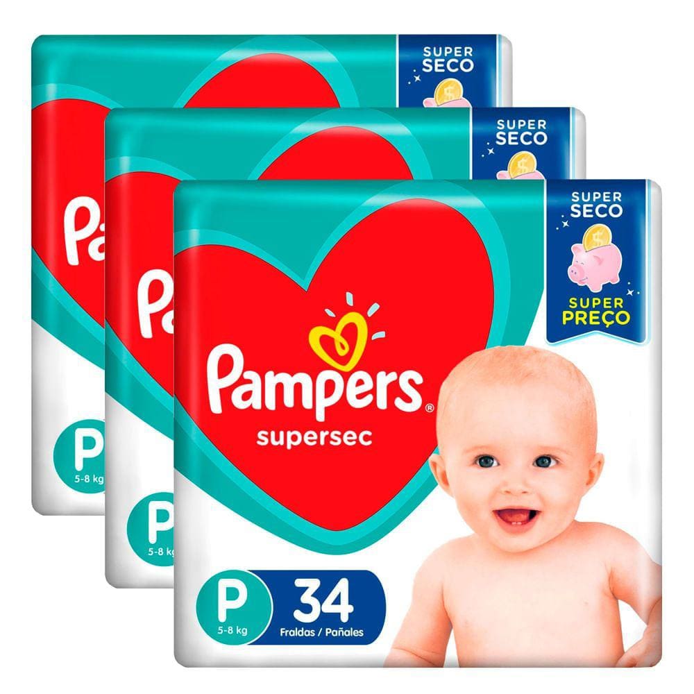 Kit 3 Fraldas Pampers Supersec Pacotão Econômico P - 102 Tiras