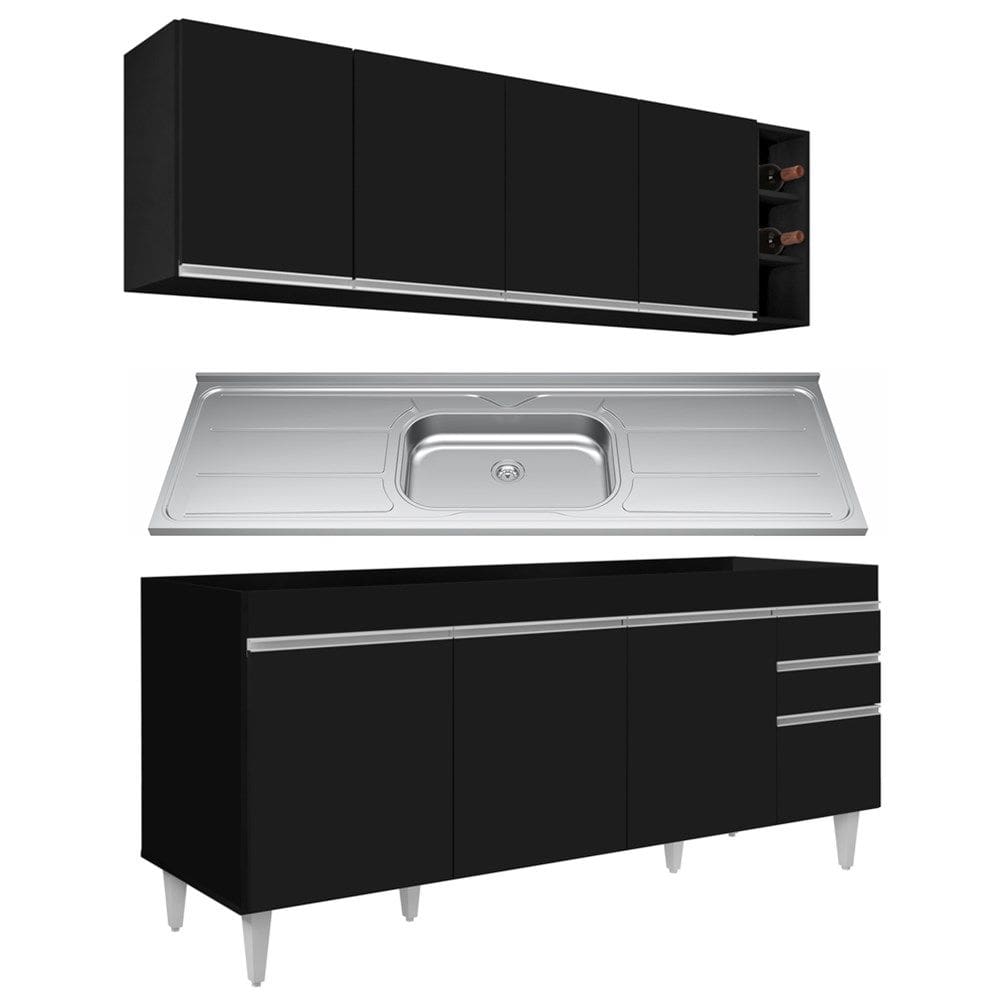 Armário Aéreo Nevada e Balcão Gabinete 180cm Com Pia Dallas Preto - Lumil