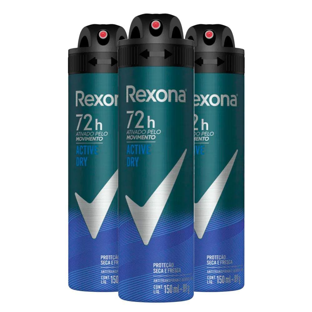 Kit Desodorante Aerosol Rexona Active Dry/Azul 150ml - 3 Unidades