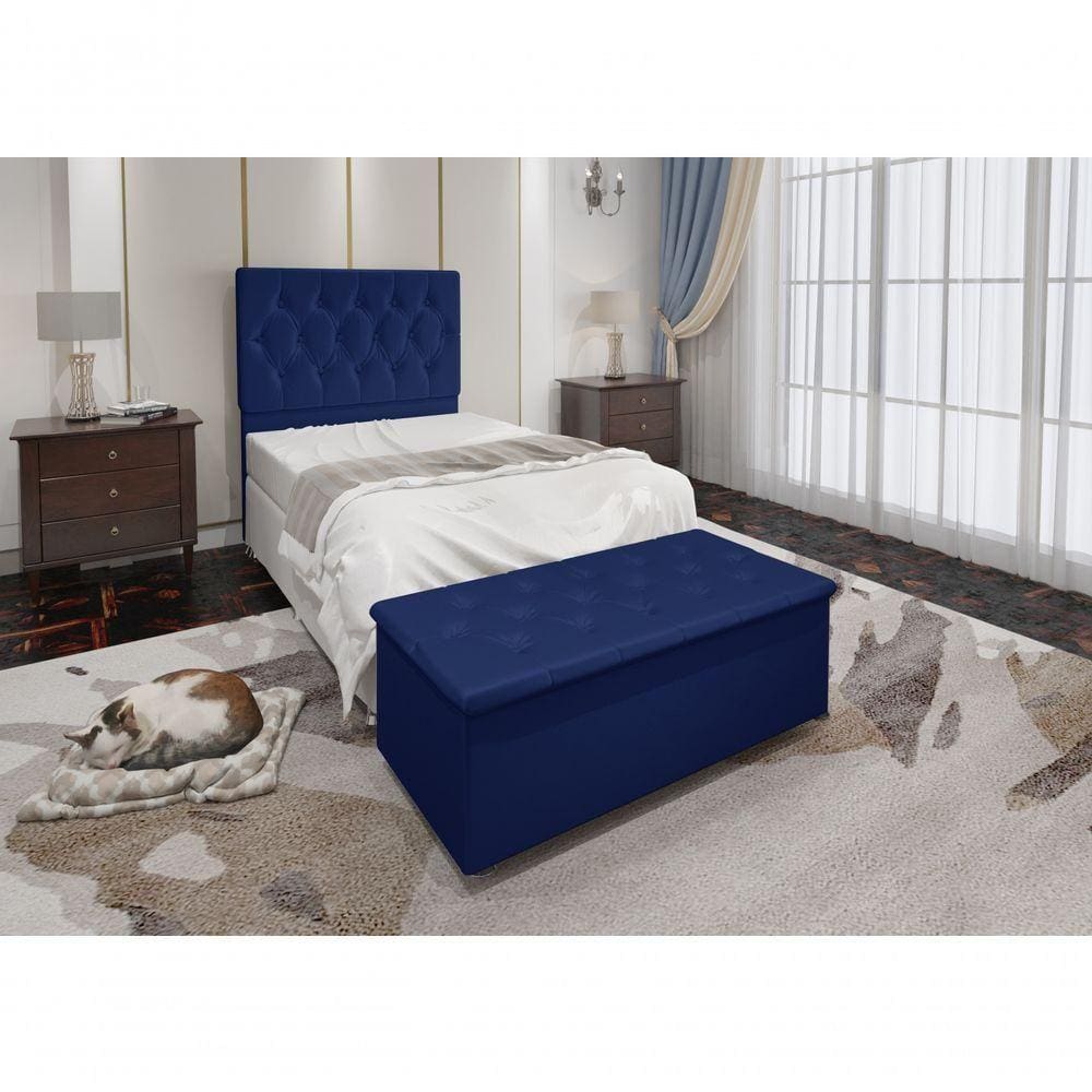 Cabeceira Solteiro E Recamier Baú 0,90m Madrid Suede Azul