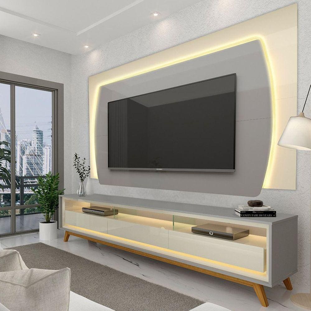 Rack com Painel Para TV até 75 Polegadas com LED 220cm Elegance Yescasa Cinza/Off White