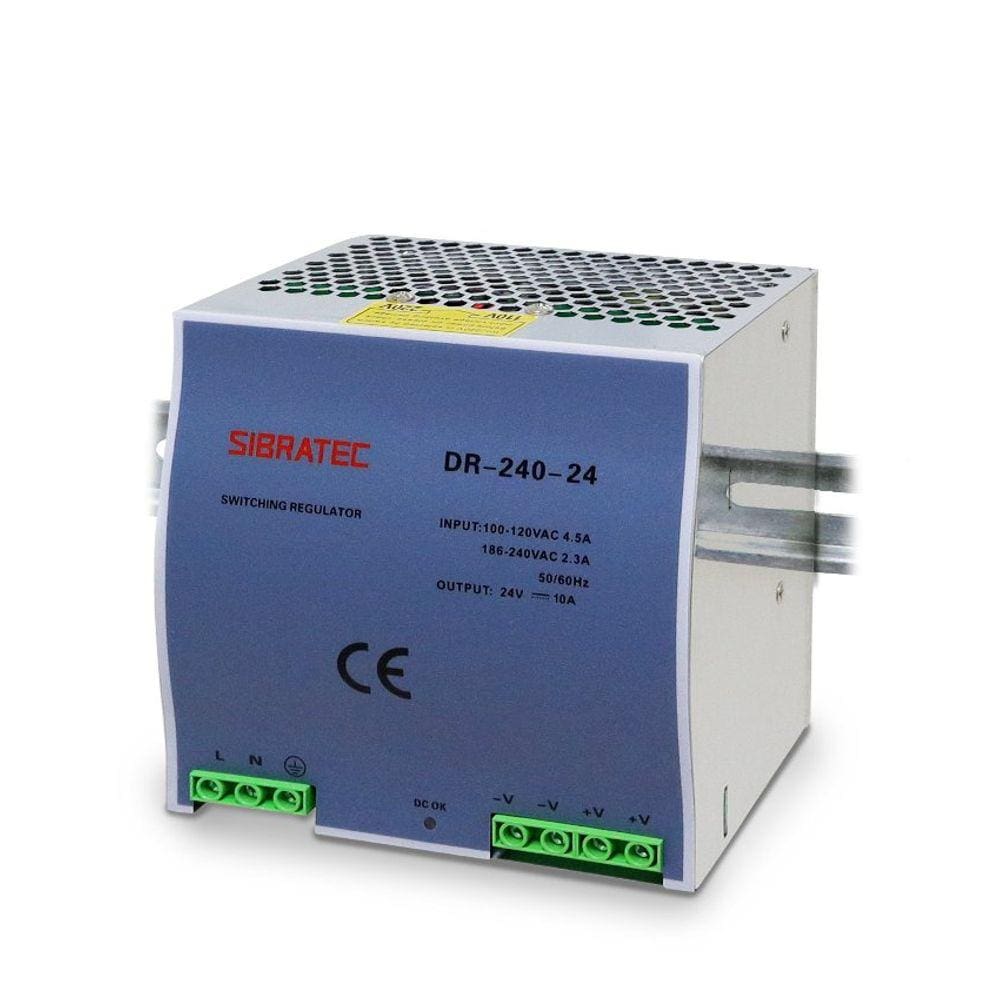 Fonte Chaveada para Trilho Din - Entrada 110/220Vca e Saída 24Vcc Modelo DR Fonte de 240W- 10A. Saída 24Vcc