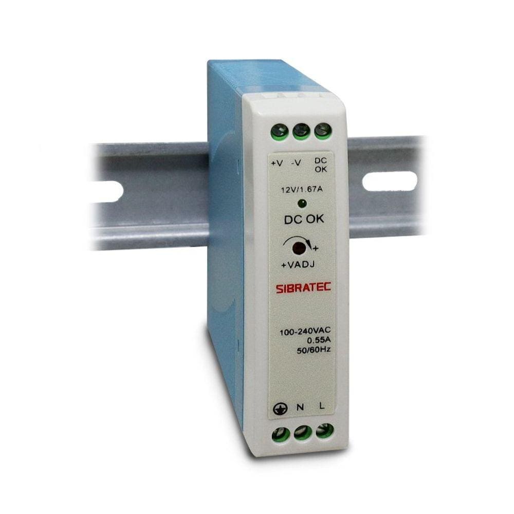Fonte Chaveada para Trilho Din - Entrada 110/220Vca e Saída 12Vcc Fonte de 20W - 1,6A. Saída 12Vcc