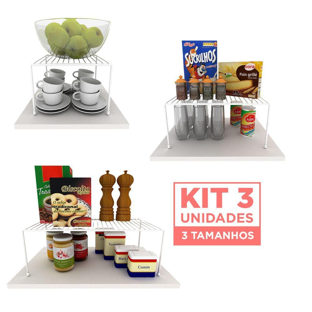 Kit Organizador de Armário para Cozinha com Suporte Aramado Prateleira Branco Dicarlo 3 Peças