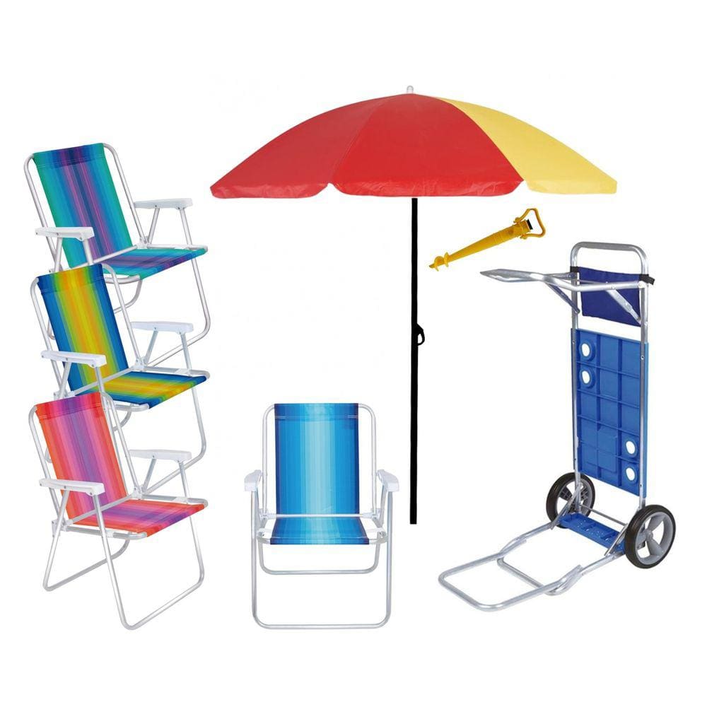 Kit Praia Carrinho C/ Avanço + 4 Cadeira Alum Alta + Guarda Sol 1,8m + Saca Areia - Mor