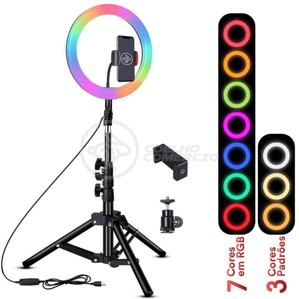 Kit Iluminador Luz Led Ring Light Rgb Colorida 1026Cm Tripé