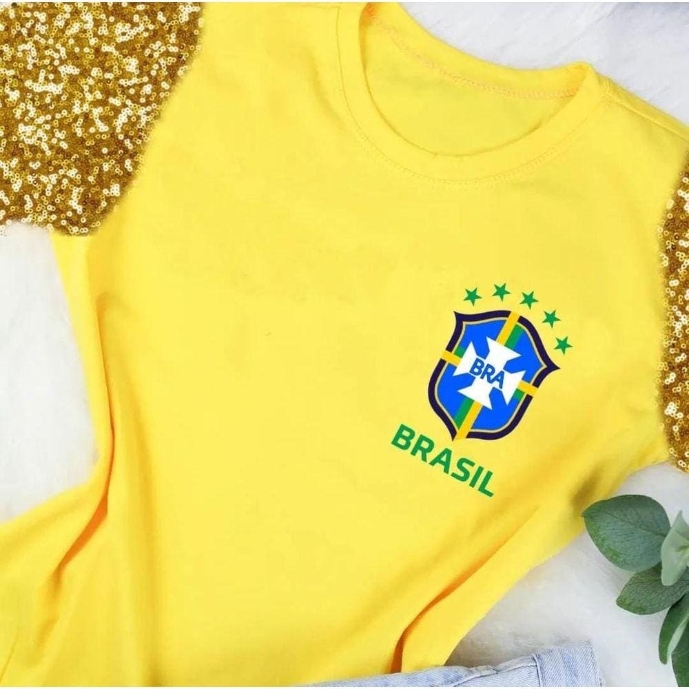 T-Shirt Feminina Brasil Manga Paete - Escudo