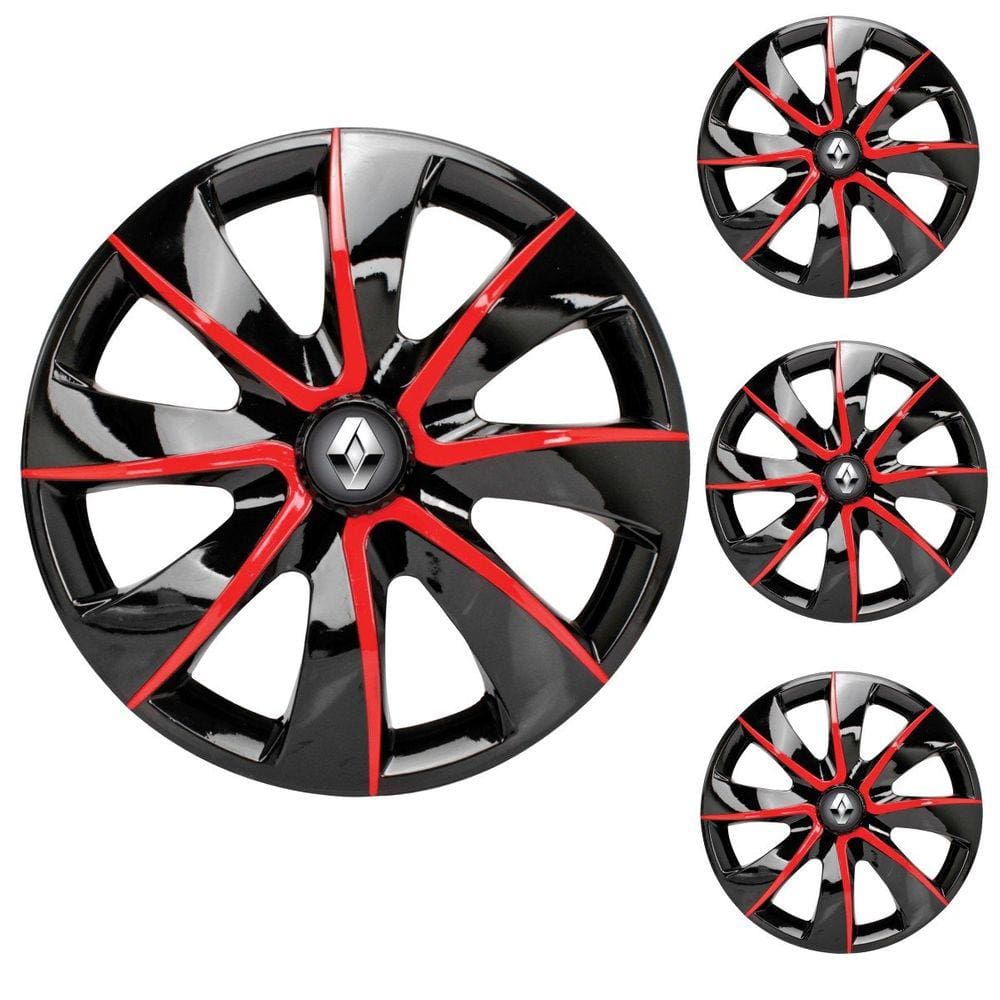 Jogo Calota Aro 13 Prime Black Red Elitte Preto Vermelho + Emblema Resinado Renault (Sandero Logan Clio Scenic Megane Kwid)