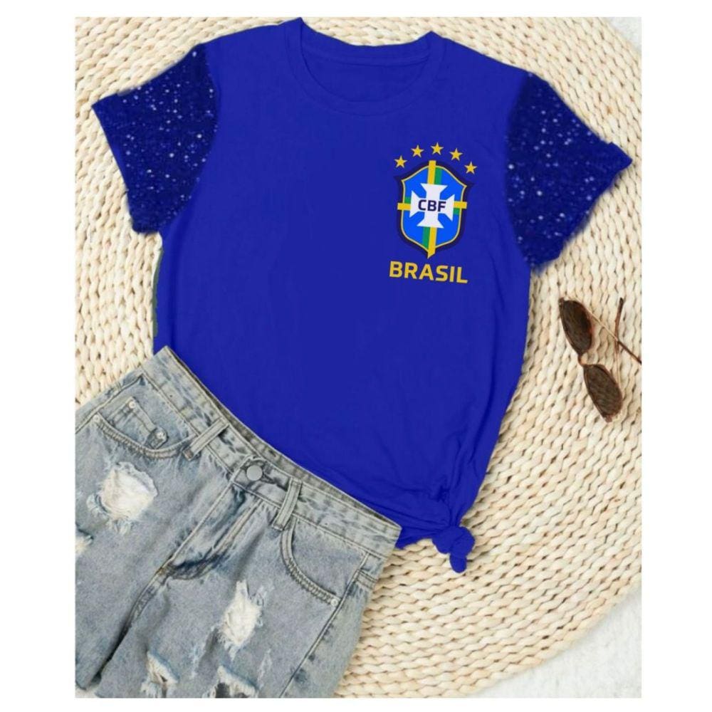 T-Shirt Feminina Brasil Manga Paete - Escudo