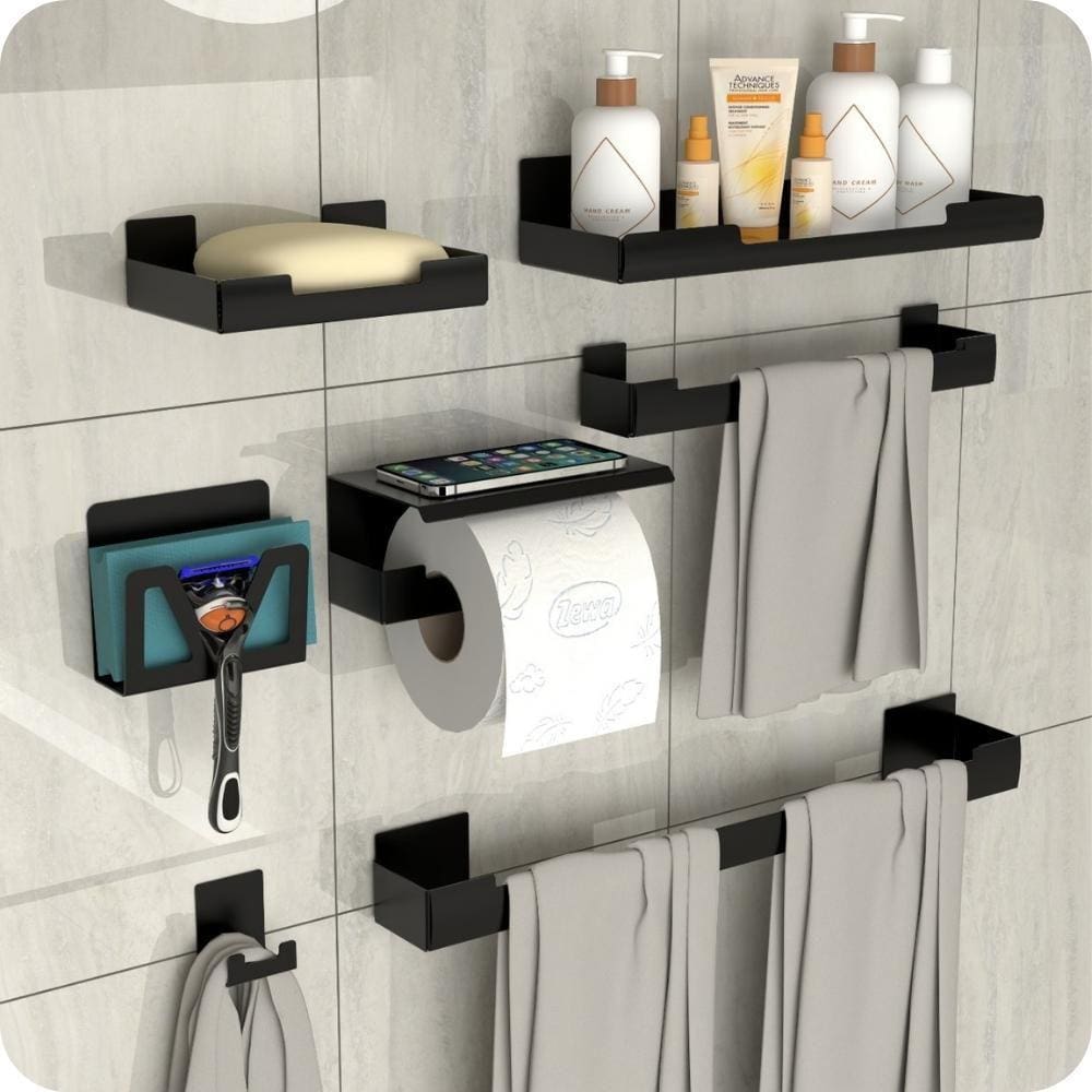 Kit Acessórios Para Banheiro Preto Ventosa Adesivo 7pçs ELG