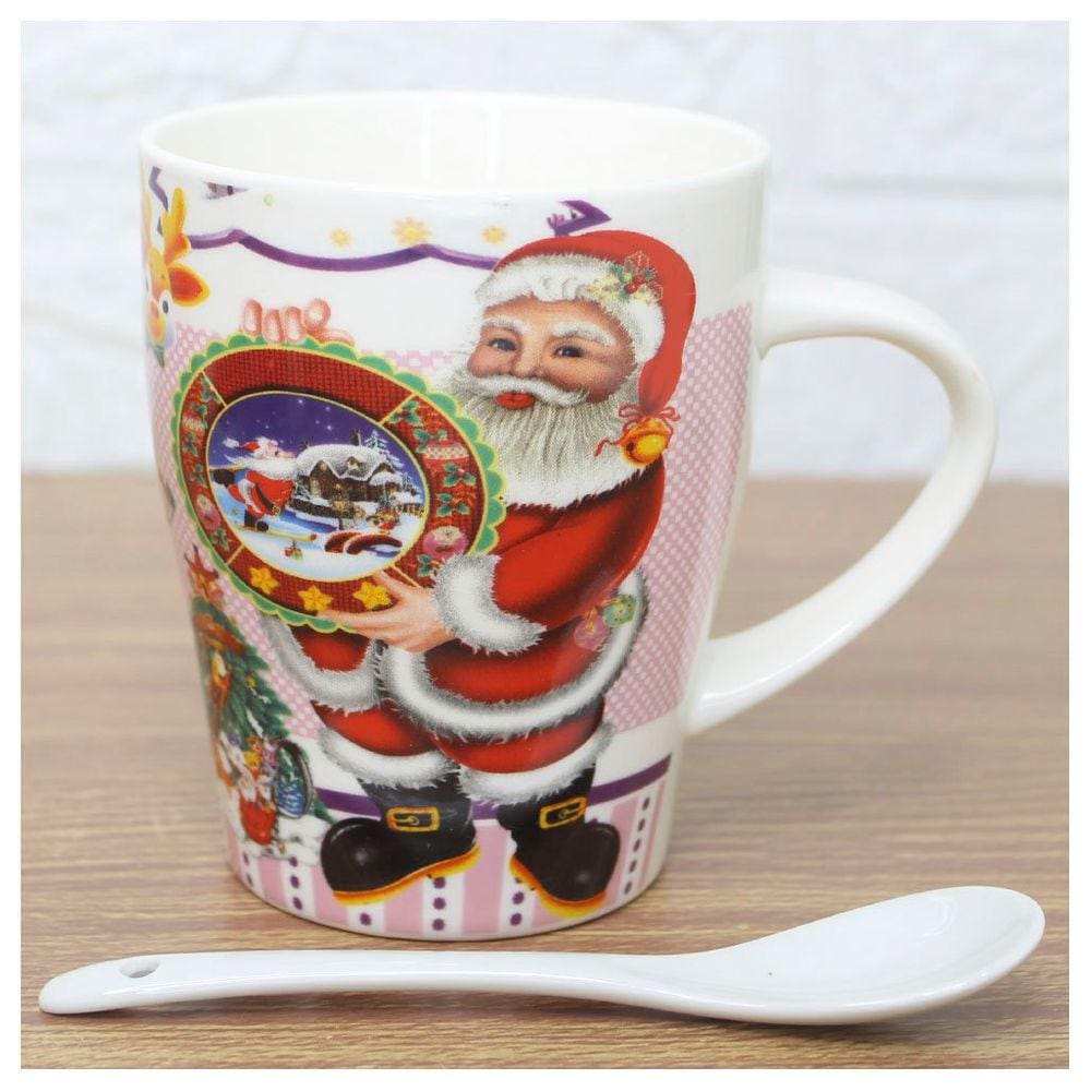 Kit 2 Canecas De Natal Com Colher Papai Noel Cerâmica 300ml