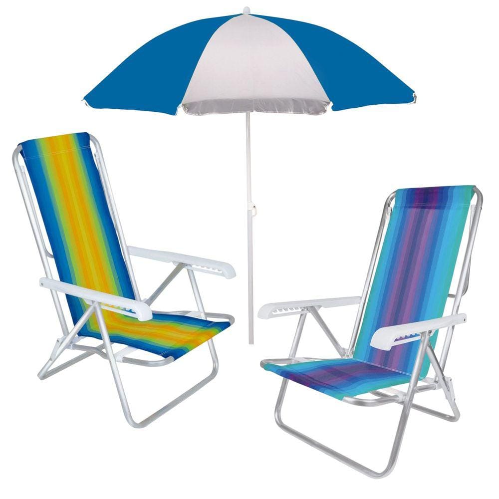 Kit 2 Cadeira Reclinável 8 Posições Alumínio + Guarda Sol 1,80 m Aço - Mor