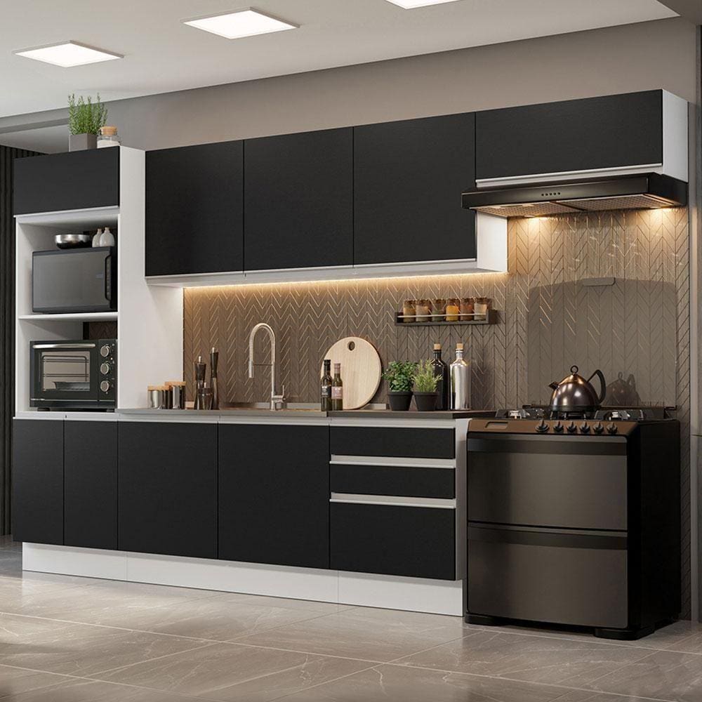 Armário De Cozinha Completa 100% Mdf 330cm 06 Branco/preto