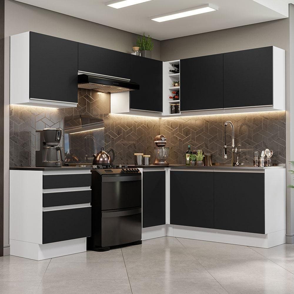 Armário De Cozinha Completa De Canto Mdf 409cm Branco preto