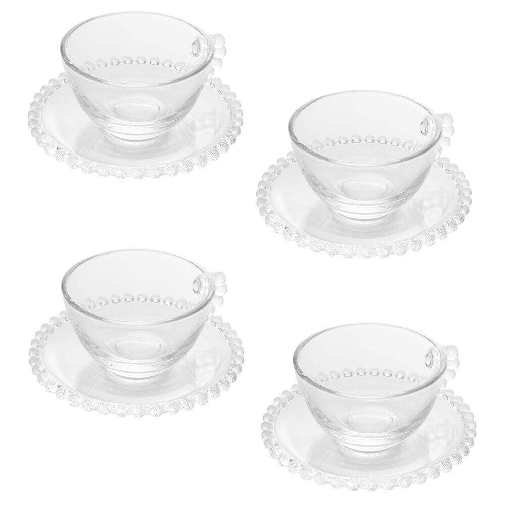 Cj 4 Xícaras P/Chá C/Pires Cristal Pearl Bolinha Transparente 180ml Wolff