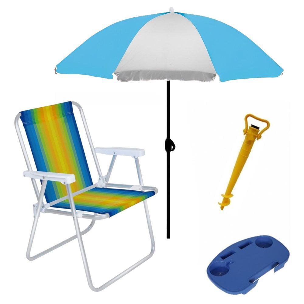 Kit Praia Cadeira Alta Alumínio + Guarda Sol + Mesa Portátil + Saca Areia - Mor