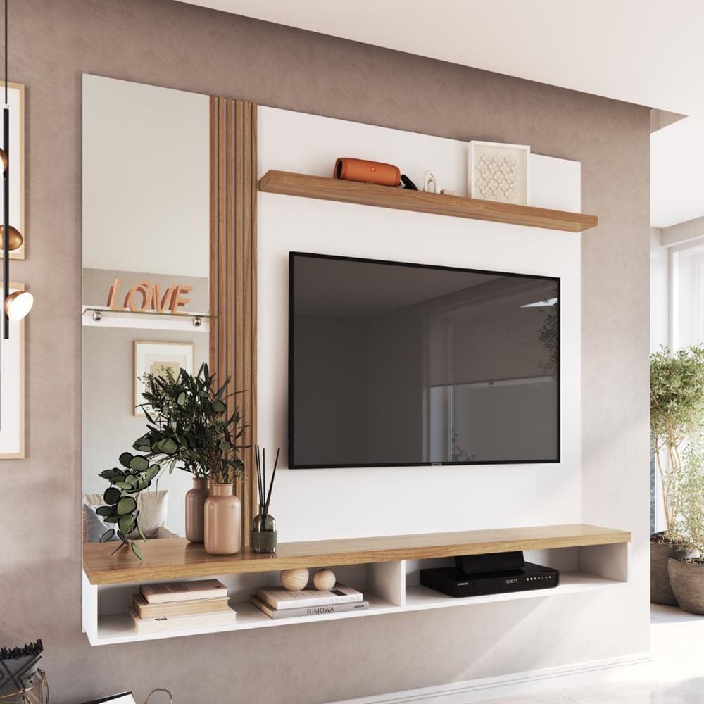 Painel Para TV Sala Quarto Até 50 Polegadas 160cm Branco Marrom Com Espelho Prateleira Vidro Nichos