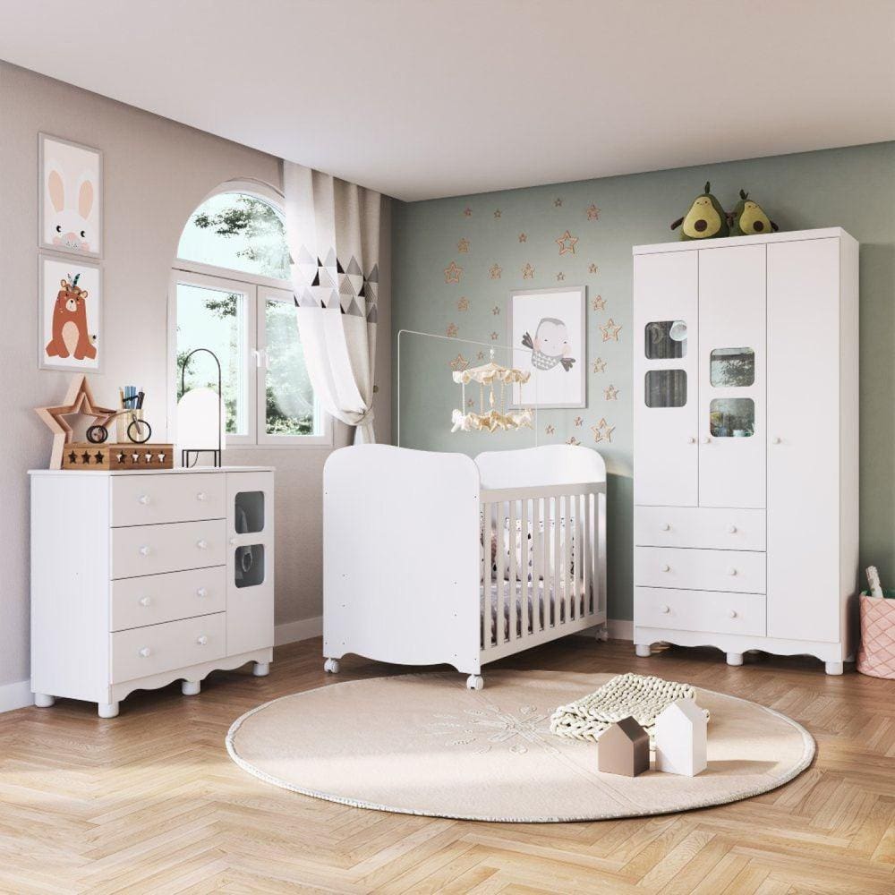 Conjuto Quarto de Bebê Completo com Guarda Roupa 3 Portas Cômoda com Janelas e Berço Americano Mimo Espresso Móveis Branco Brilho
