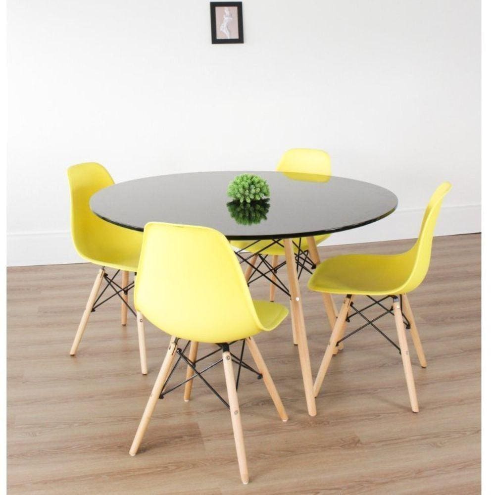 Conjunto Sala de Jantar Mesa Eiffel 120x75cm Tampo MDF com 4 Cadeiras Eiffel Botonê Rivatti Amarelo/Preto