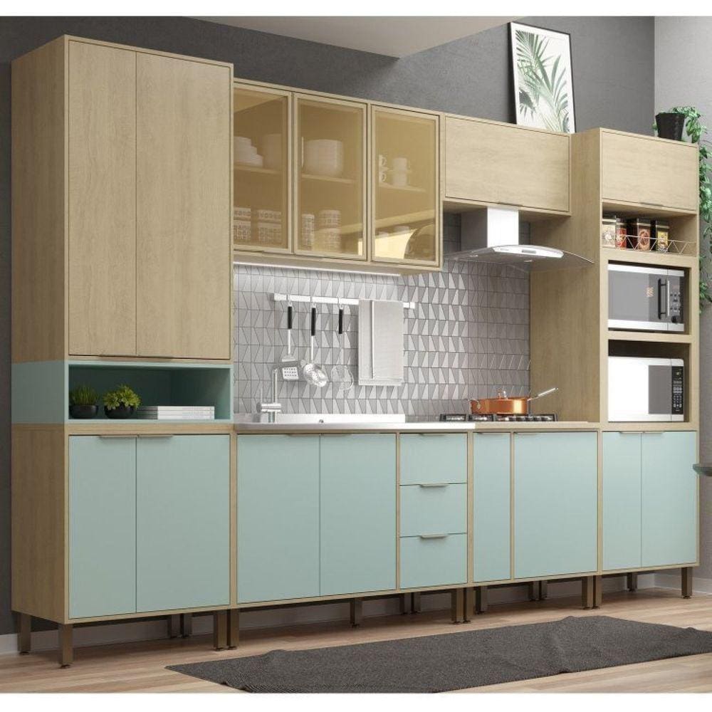 Cozinha Modulada 6 Peças 2 Balcões 2 Armários Aéreos 2 Paneleiros Karine Moveis Sul Carvalho/Pistache