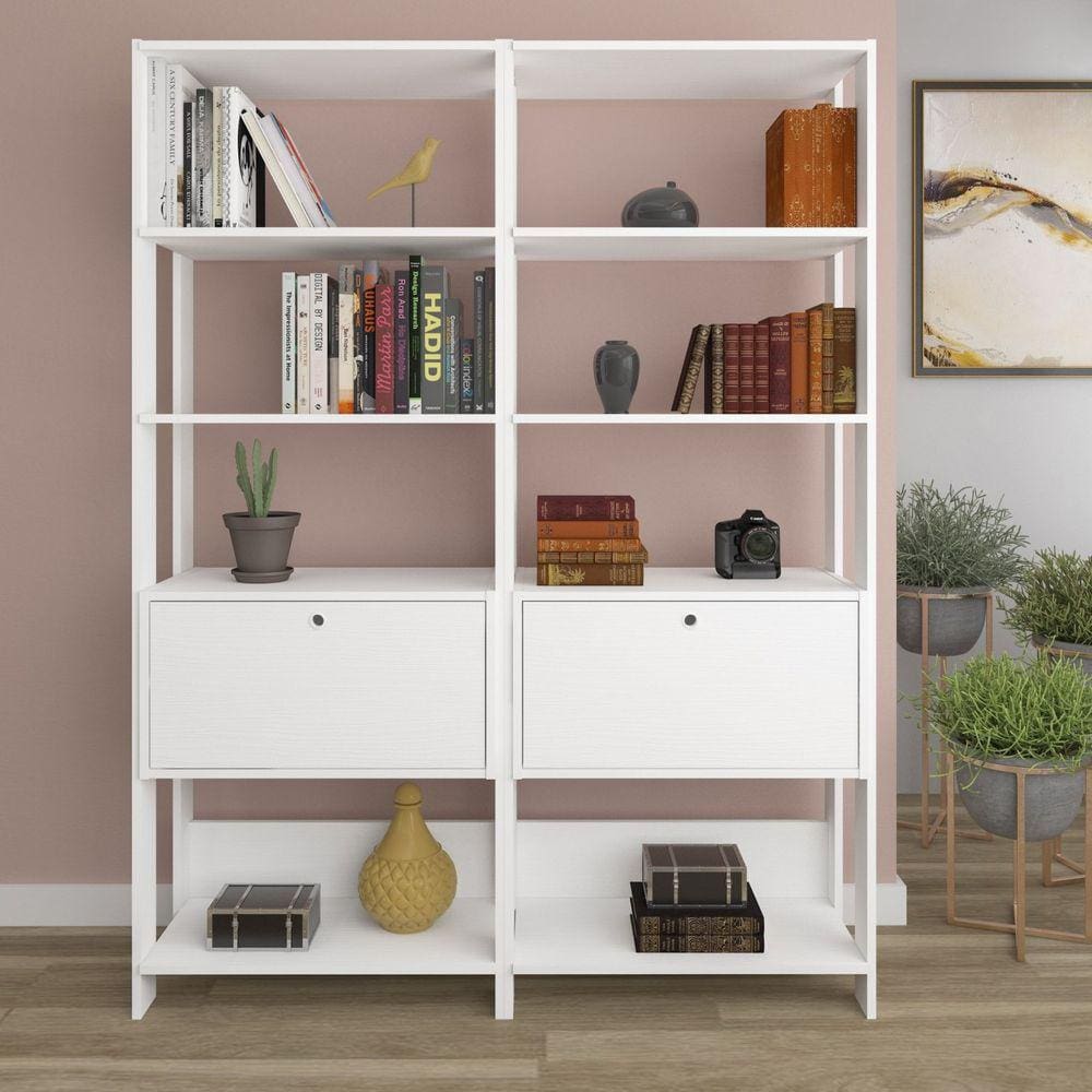 Conjunto 2 Estantes para Livros Industrial 1 Porta MDP Match Espresso Móveis Branco
