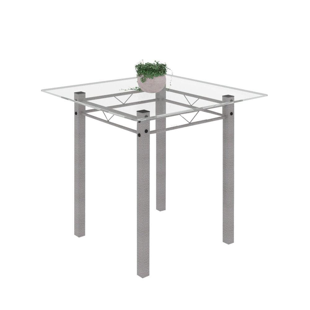 Mesa Tubular 75x75cm Tampo de Vidro 4 Lugares Júlia Soma Móveis Martelado Pérola/Tampo Vidro