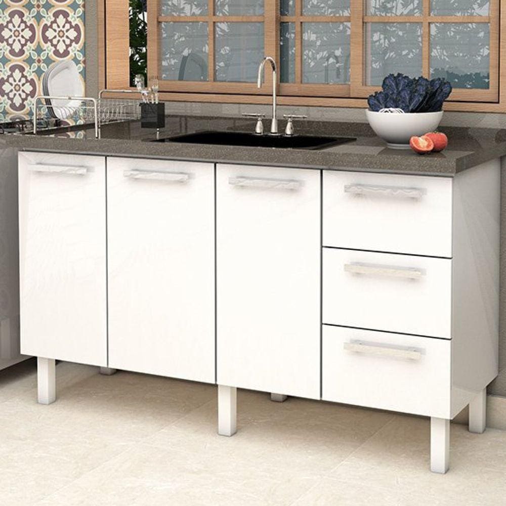Balcão para Pia de Cozinha 150cm 3 Portas 3 Gavetas Vênus Cozimax Branco