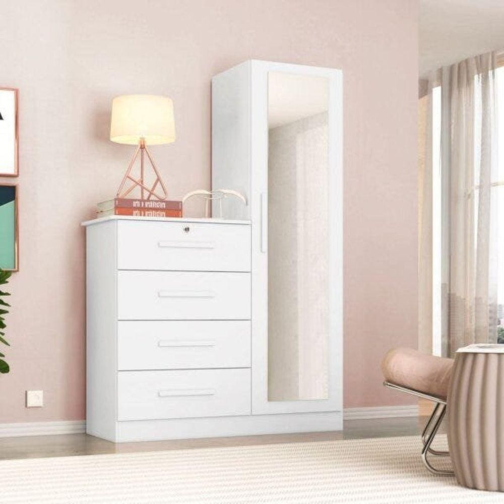 Cômoda com Espelho 4 Gavetas 1 Porta Cancun Espresso Móveis Branco