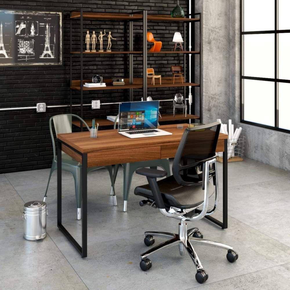 Mesa para Escritório 120cm 2 Gavetas Kuadra Compace Nogal
