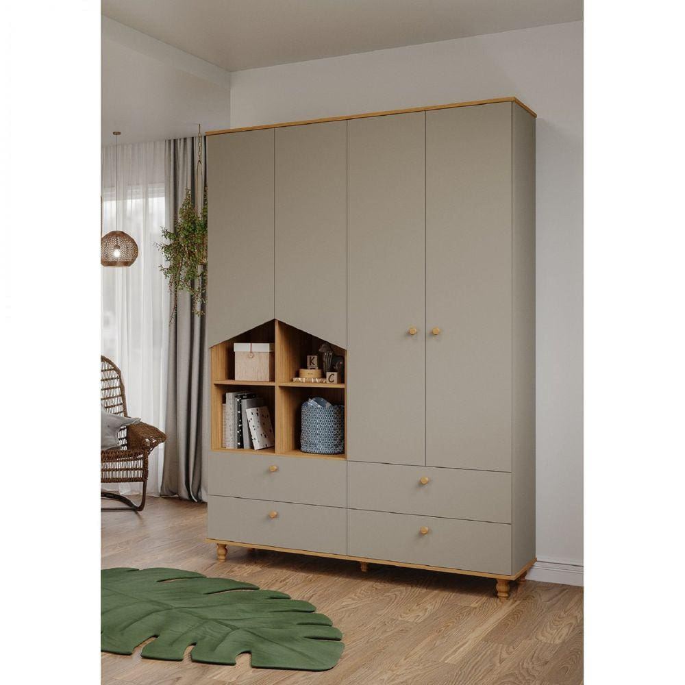 Guarda Roupa de Bebê 4 Portas e 4 Gavetas Bala de Goma Espresso Móveis Cinza/Nature