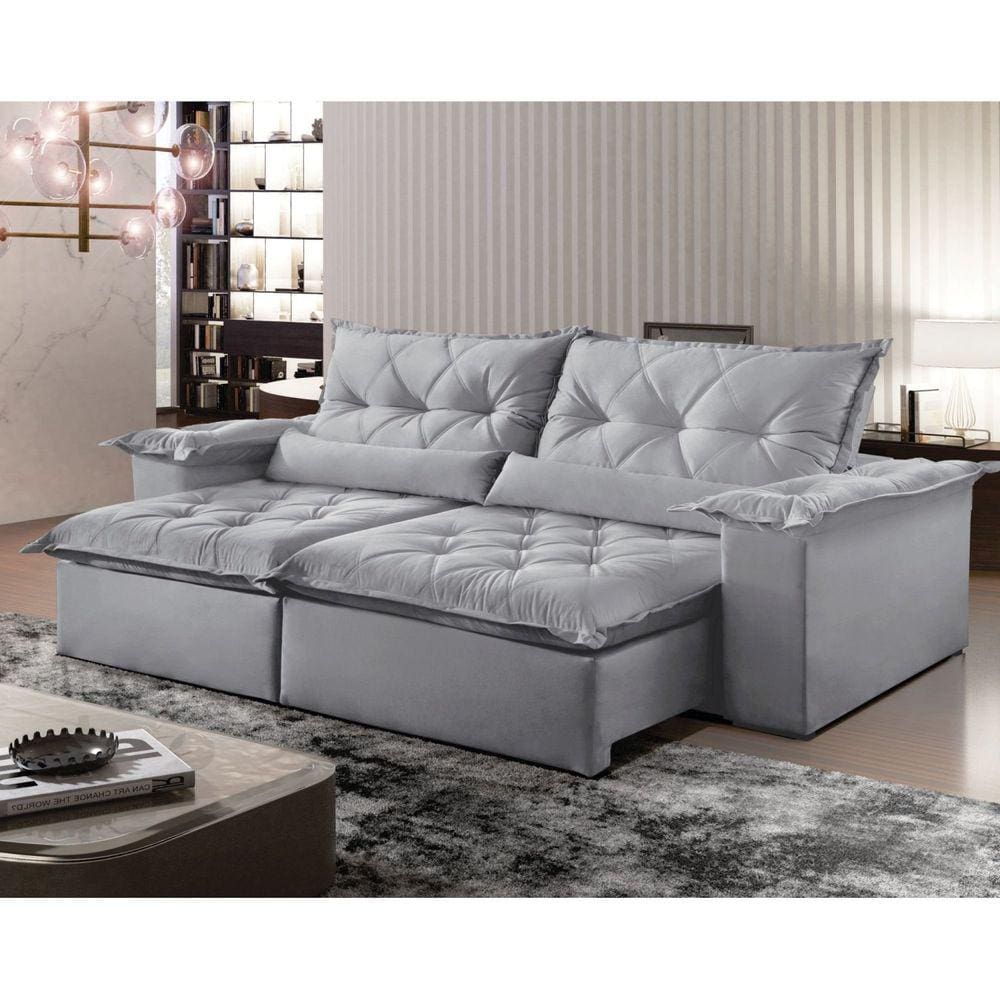 Sofá Reclinável 4 Lugares 250cm Ouro Preto Montano Estofados Veludo Cinza