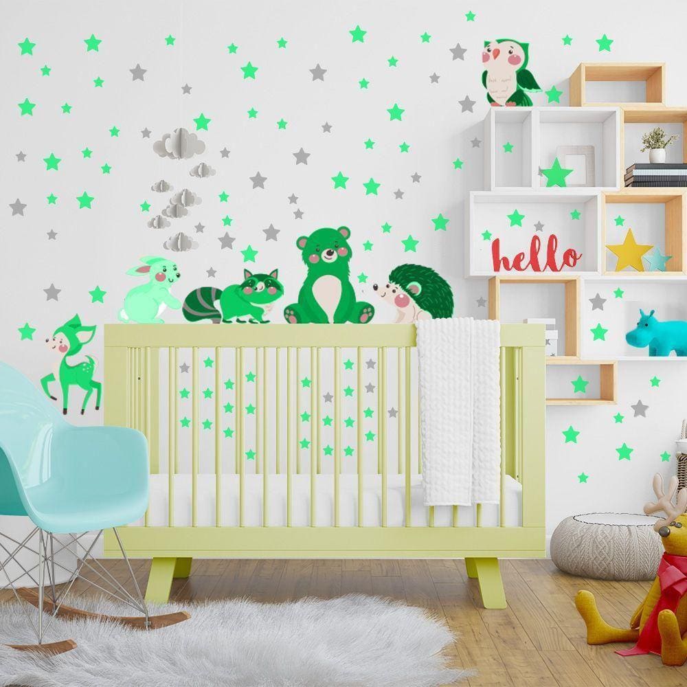 Adesivos De Parede Animais Bichinhos Estrelas Verde