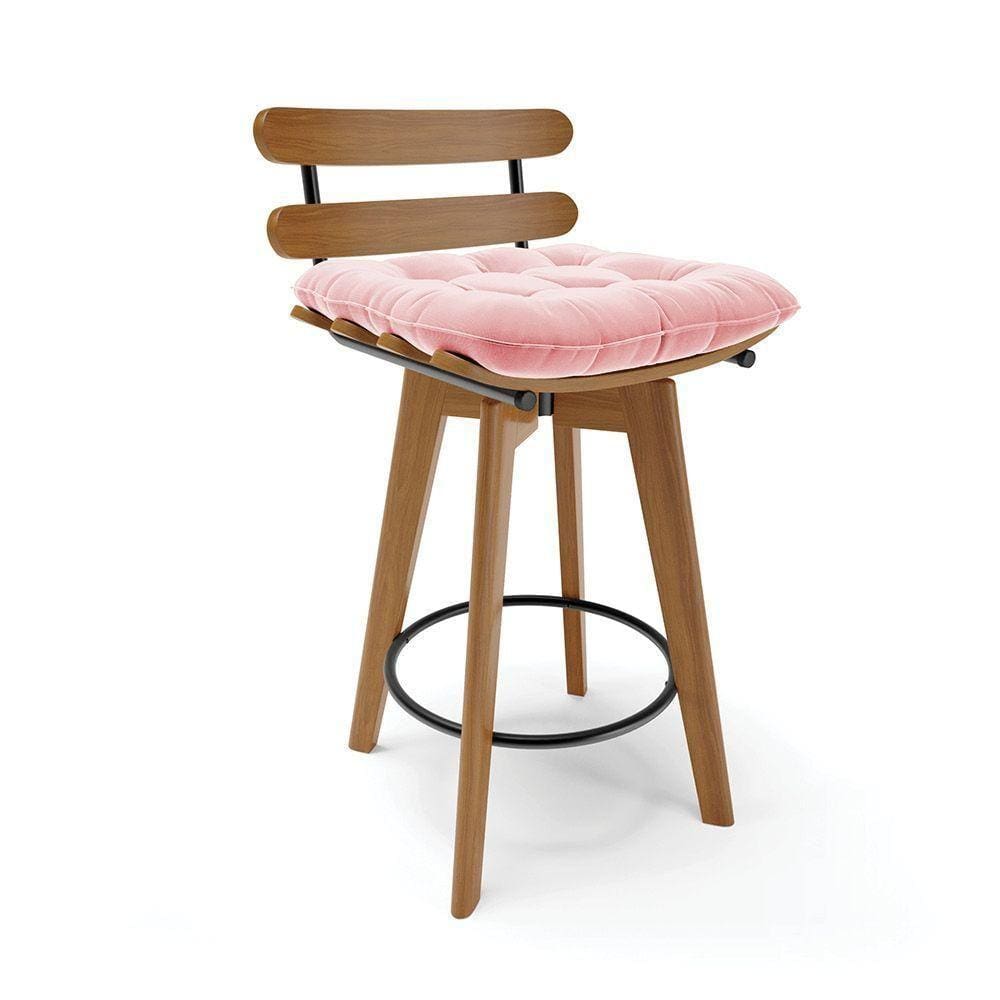 Banqueta Giratória Costela Suede Base Madeira Rosa Bebê
